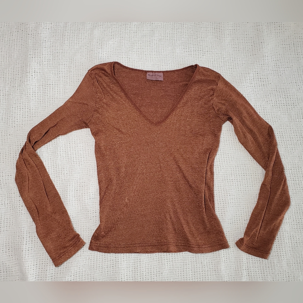 Vintage Women's Copper/Metallic Brown V-Neck Michael Stars Top